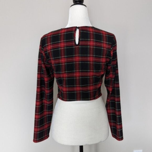 Zara red & black plaid long sleeve cropped blouse red black - Picture 4 of 7